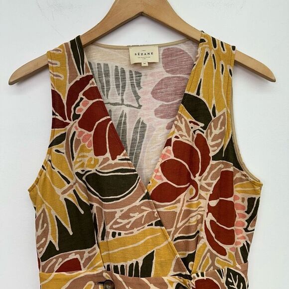 Sezane Women’s Mathilda Linen Blend Wrap Midi Dress Multicolor Tropical Floral - Picture 7 of 11